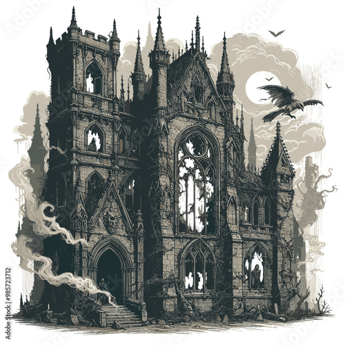 Adobe Illustrator Artwork vector illustration of a crumbling gothic castle shrouded in mist 