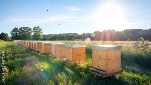 A field of beehives sits amongst tall grass and wildflowers in a sunny meadow with a forest backdrop, The beehives in scenic fields, bee hives in the field. photo