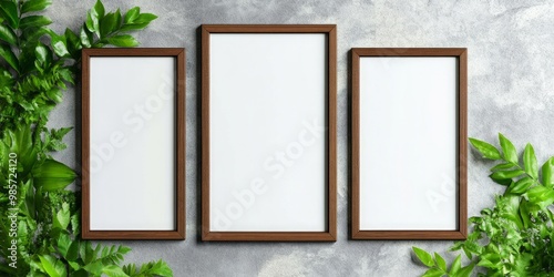 Three minimalist wooden frames with blank white canvas against a light grey background with green foliage flanking the frames.