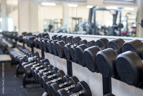 Dumbbells on a rack in a gym for fitness and bodybuilding.