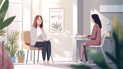 Two Women Talking In Modern Office Setting With Plants