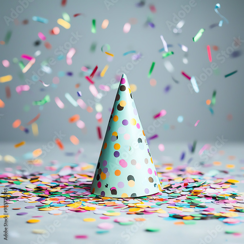 Colorful party hat surrounded by vibrant confetti on a gray background.