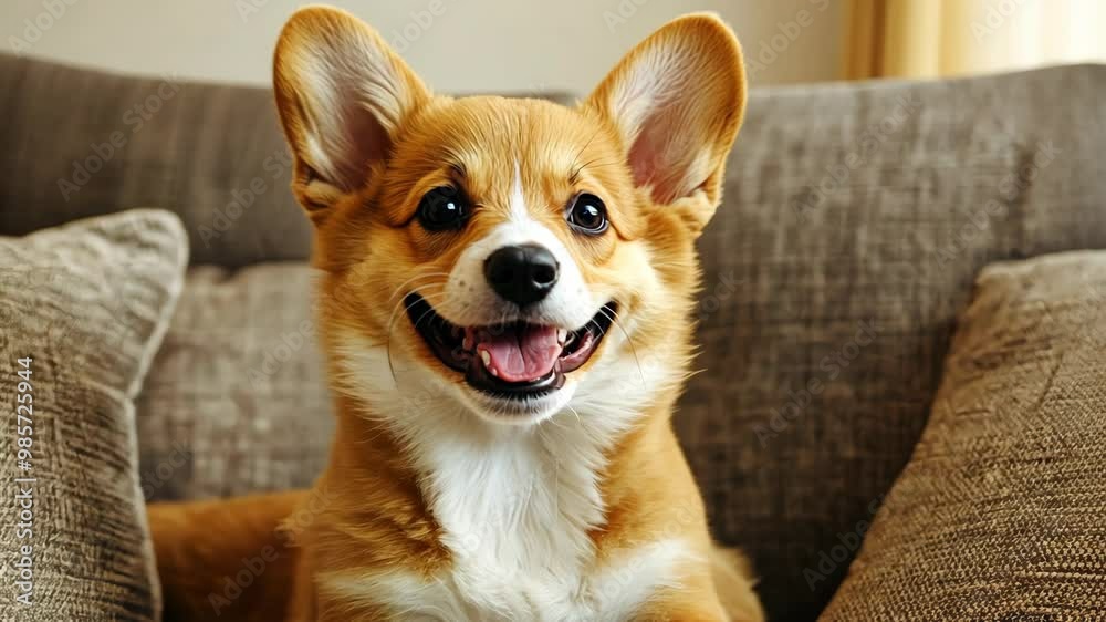Happy corgi relaxing on a cozy couch surrounded by soft pillows while enjoying a sunny afternoon Happy corgi relaxing on a cozy couch surrounded by soft pillows while enjoying a sunny afternoon
