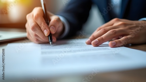 A close-up shows a person's hands signing a document on a desk, holding a pen, Close up of a Businessman Signing a Business Contract on Office Desk. photo