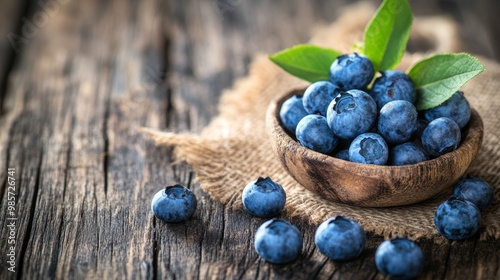 Fresh Blueberries in Wooden Bowl on Rustic Wooden Table.