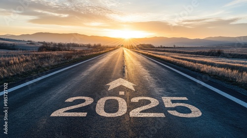 An empty highway stretching toward a bright future, with "2025" written on the road and an arrow pointing ahead, symbolizing forward-thinking and progress.