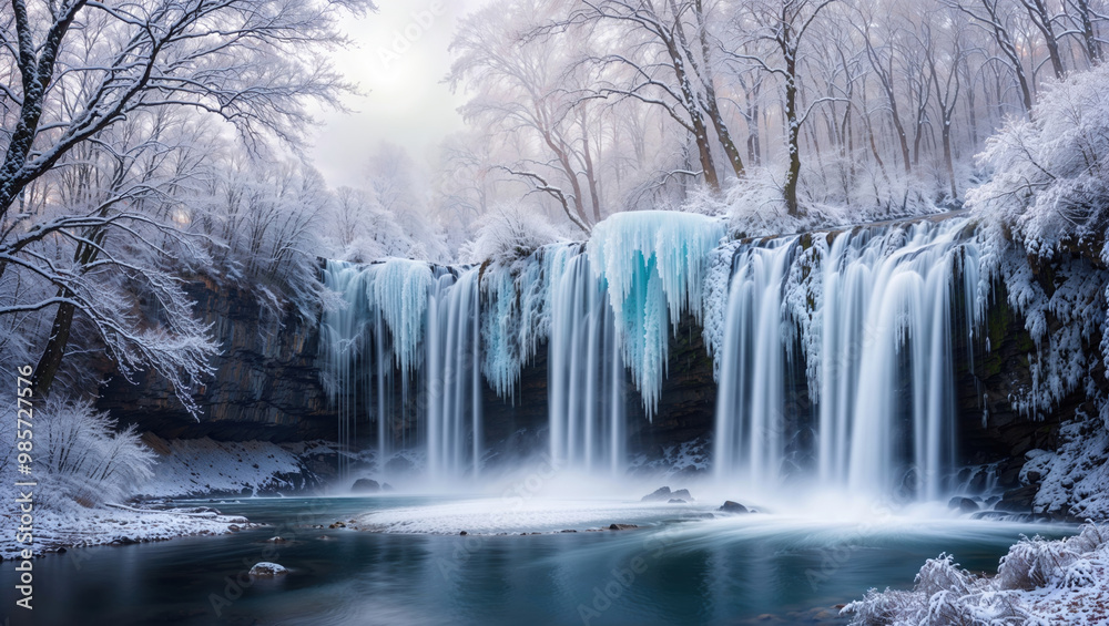 Frozen waterfall cascading down snowy mountainside in winter wonderland Frozen waterfall cascading down snowy mountainside in winter wonderland