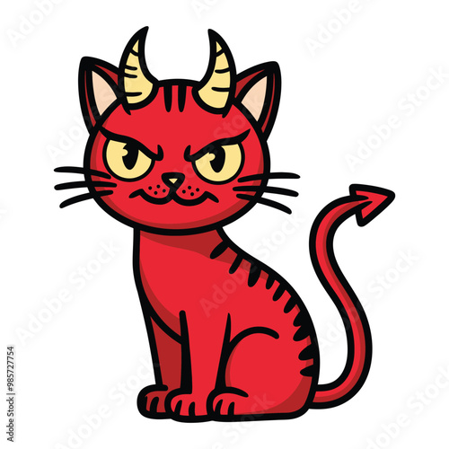 Cartoon Red Devil Cat with Horns and Tail photo