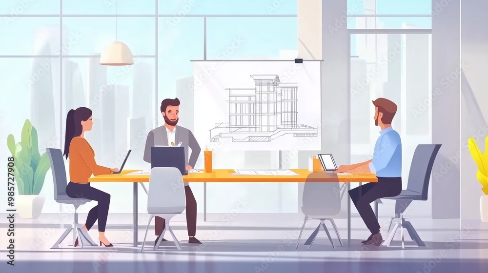 Man Architect Showing Drawing Building on Board to Businesspeople Engineers Group. Team Planning Project and Doing Presentation on Meeting. House Layout. Male and Female Characters Sitting at Table. Man Architect Showing Drawing Building on Board to Businesspeople Engineers Group. Team Planning Project and Doing Presentation on Meeting. House Layout. Male and Female Characters Sitting at Table.