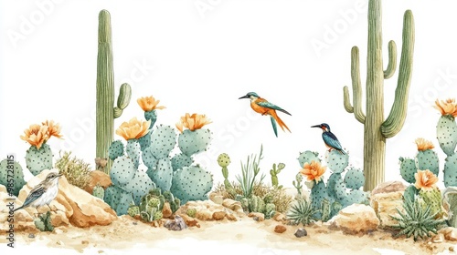 Cactus and desert wildlife, birds and small animals, watercolor style