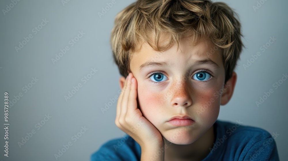 Thoughtful Boy Resting His Cheek on His Hand Thoughtful Boy Resting His Cheek on His Hand