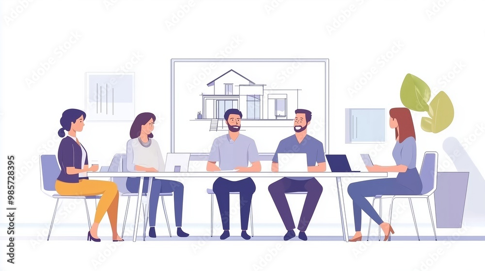 Man Architect Showing Drawing Building on Board to Businesspeople Engineers Group. Team Planning Project and Doing Presentation on Meeting. House Layout. Male and Female Characters Sitting at Table.