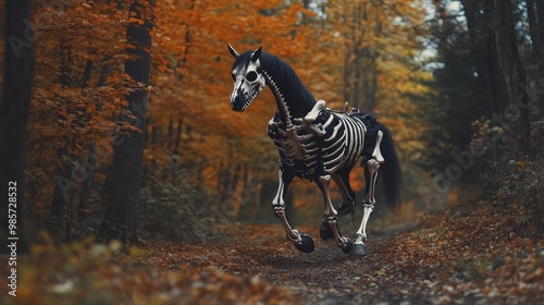 Skeleton Horse Running Through Autumn Forest. photo