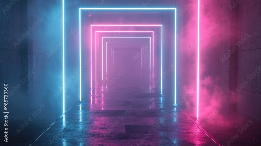Futuristic hallway with neon lights and smoke. Futuristic hallway with neon lights and smoke.