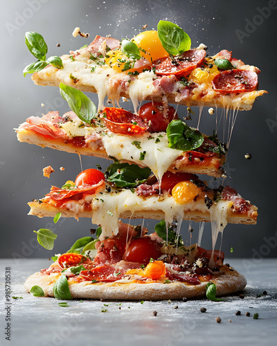 Artistic stack of gourmet pizza slices with melted cheese, fresh basil, cherry tomatoes, and pepperoni. Ideal for food blogs, restaurant menus, and culinary advertisements.