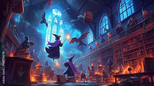 Cartoon-style magical school with animated characters flying on broomsticks, casting spells, and studying books  photo