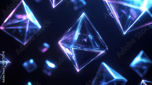 Abstract glowing geometric shapes floating in a dark space, futuristic glowtime design, cuttingedge and creative, perfect for techrelated visuals