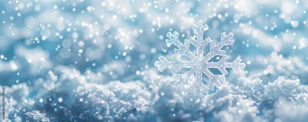 A Delicate Snowflake on a Snowy Surface with a Bokeh Background A Delicate Snowflake on a Snowy Surface with a Bokeh Background