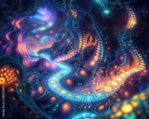 Glowing abstract fractal patterns, creating a mesmerizing and otherworldly scene, fractal glowtime, complex and captivating