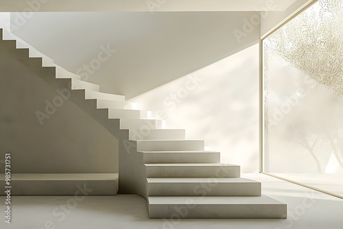 A set of white stairs lead to a bright room with a frosted glass window.