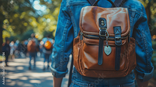 A close-up of a student's backpack strap, with a shiny new keychain attached. The background shows students walking into the school building, blurred to highlight the focus on the small detail