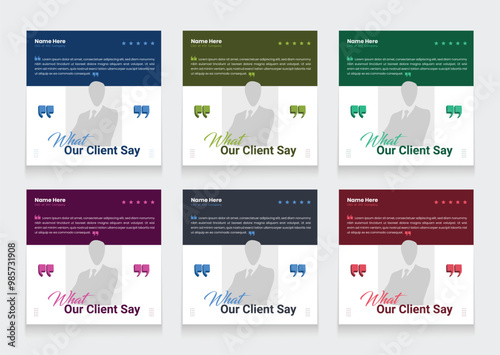 Clean and modern client testimonial banner set template. customer review social media post bundle carousel template design.
