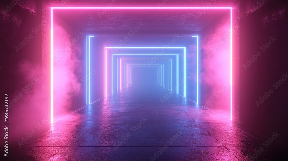 A long corridor with blue and pink neon lights and fog. A long corridor with blue and pink neon lights and fog.