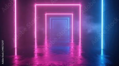 A futuristic hallway with neon lights and fog, creating a mysterious and ethereal atmosphere.