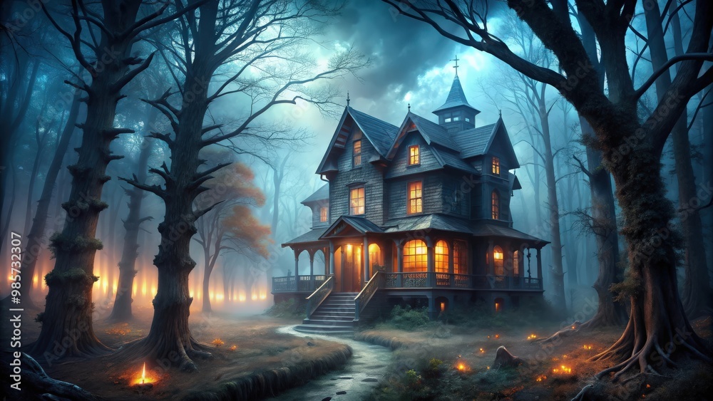 Spooky haunted house in the dark, eerie forest at night with mist and creepy trees