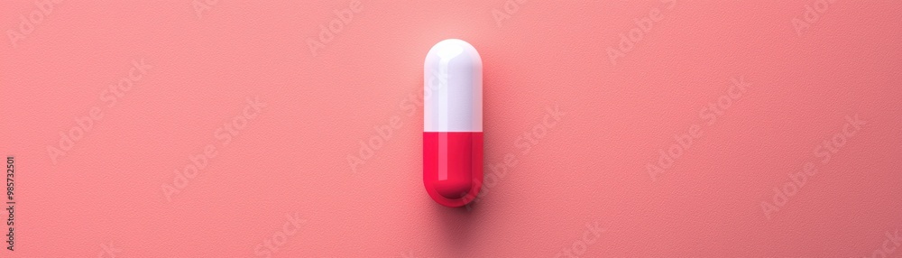 A vibrant red and white capsule positioned on a soft pink background, symbolizing health and medication. A vibrant red and white capsule positioned on a soft pink background, symbolizing health and medication.