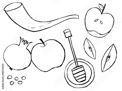 set of Rosh Hashanah elements, Shanah Tovah, Jewish New Year, apples, honey, shofar and pomegranates
