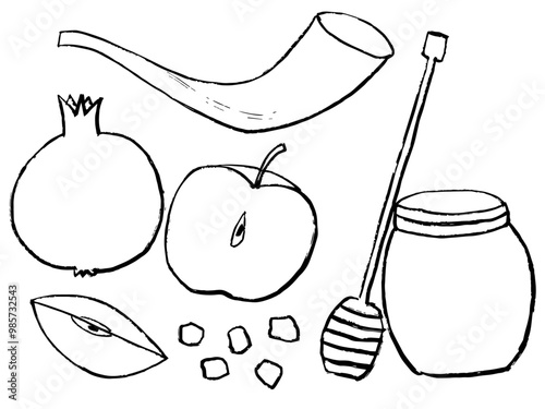 set of Rosh Hashanah elements, Shanah Tovah, Jewish New Year, apples, honey, shofar and pomegranates