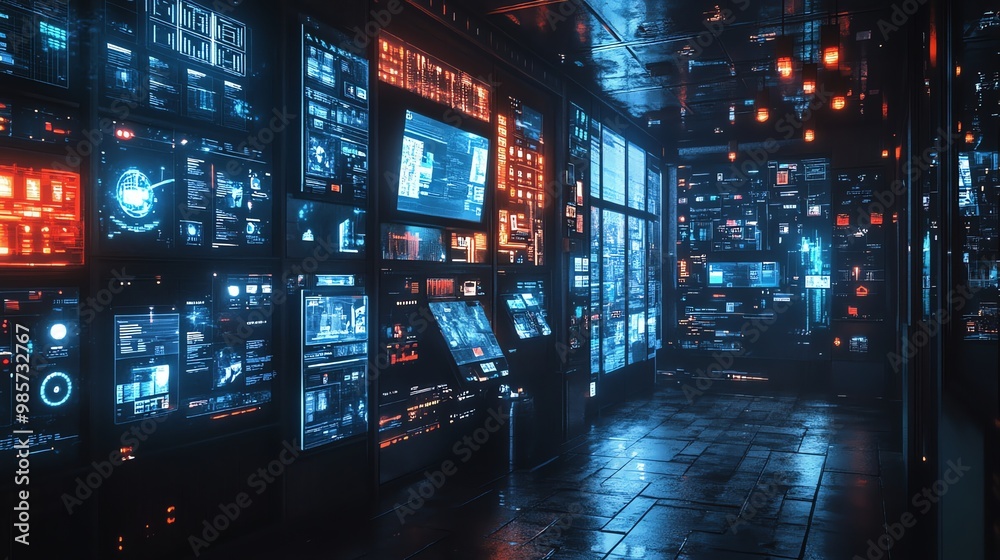 A futuristic hallway with a wall of monitors displaying data, lit with blue and orange light. A futuristic hallway with a wall of monitors displaying data, lit with blue and orange light.