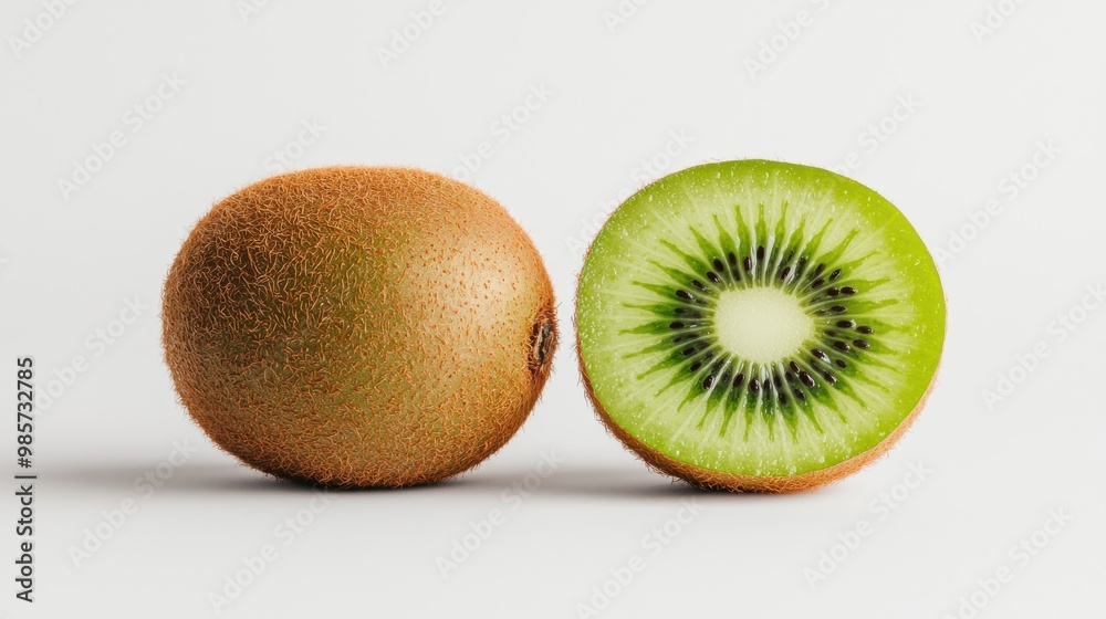 A whole and sliced kiwi reveal its vibrant green interior and tiny black seeds, showcasing its refreshing and nutritious qualities. A whole and sliced kiwi reveal its vibrant green interior and tiny black seeds, showcasing its refreshing and nutritious qualities.