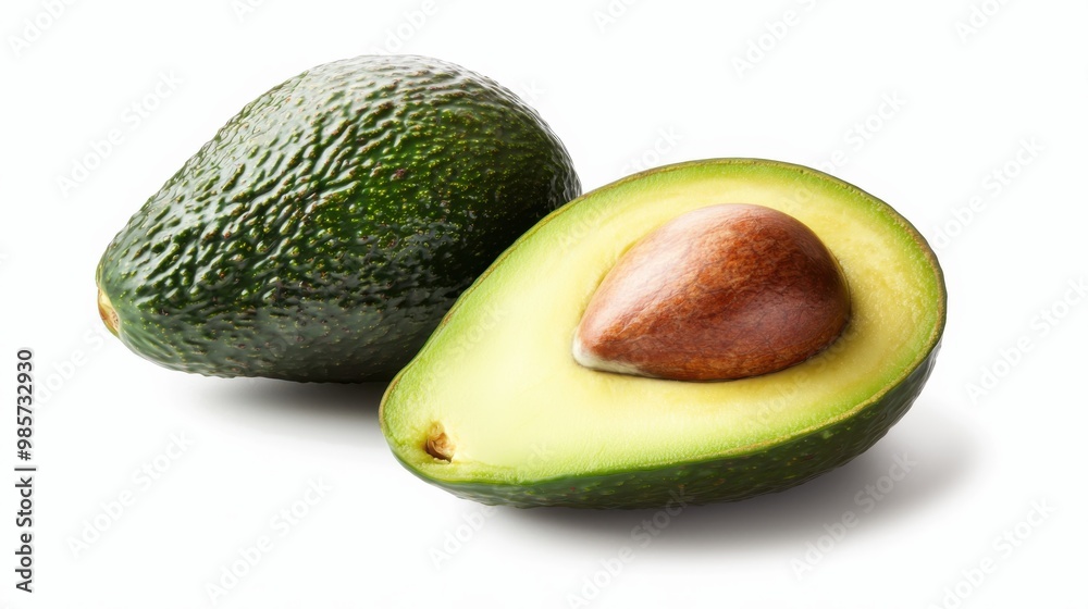 A ripe avocado cut in half, showcasing its creamy green flesh and brown pit, with the outer skin displaying a textured, dark green surface. A ripe avocado cut in half, showcasing its creamy green flesh and brown pit, with the outer skin displaying a textured, dark green surface.