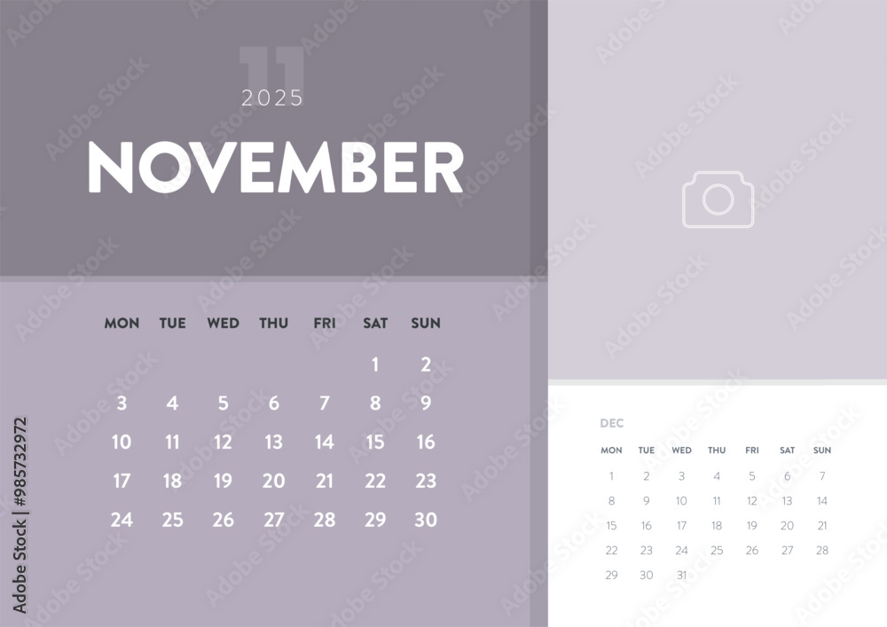 Calendar monthly November 2025 template vector. Desk, wall calendar for print, digital calendar or planner. Week start on Monday. Annual holiday calendar layout design element. Creative design element