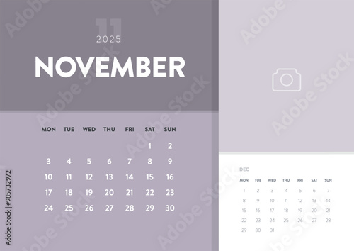 Calendar monthly November 2025 template vector. Desk, wall calendar for print, digital calendar or planner. Week start on Monday. Annual holiday calendar layout design element. Creative design element