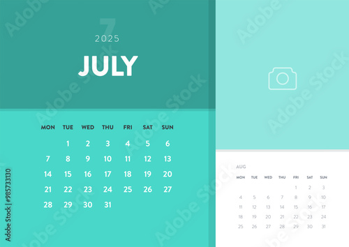 Calendar July 2025 template vector. Desk, wall calender for print, digital planner. Week start on Monday. Annual holiday calendar layout design elements. Creative business monthly calendar. Monthly.