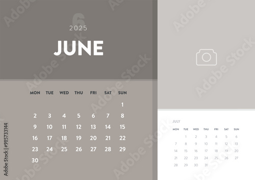 Calendar June 2025 template vector. Desk, wall calender for print, digital planner. Week start on Monday. Annual holiday calendar layout design elements. Creative business monthly calendar. Monthly