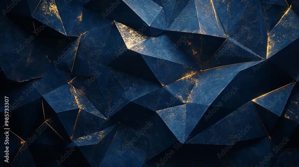 Luxury elegant abstract background wall texture with blue geometric 3d polygons with golden lines