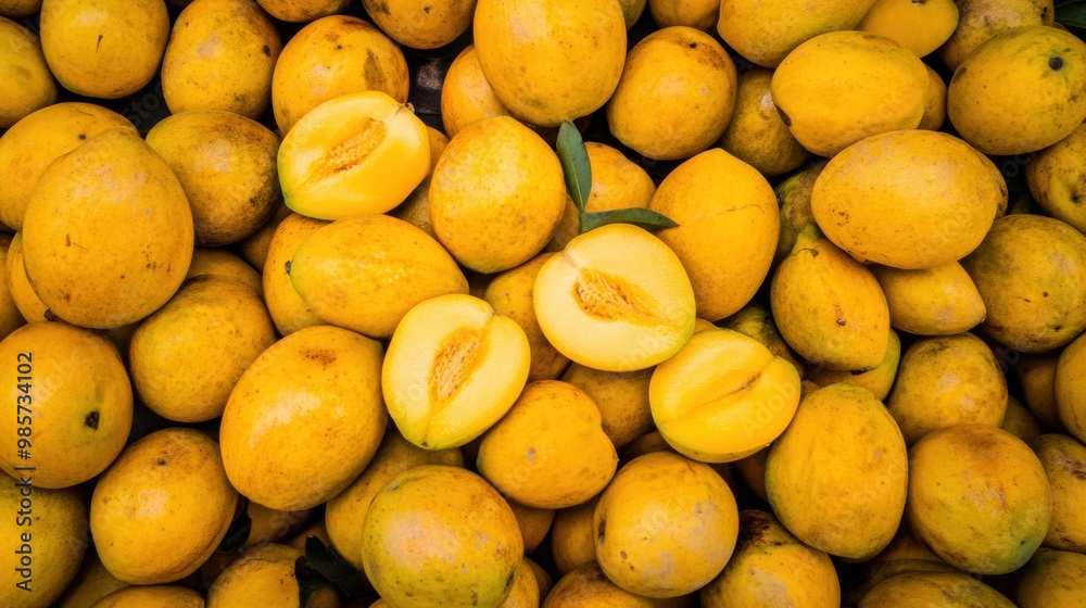 Vibrant heap of fresh yellow mangoes with sliced one Vibrant heap of fresh yellow mangoes with sliced one