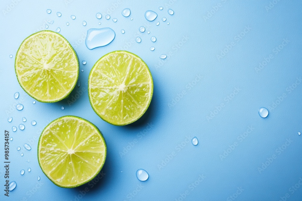 Fresh sliced lime halves with water droplets on blue background Fresh sliced lime halves with water droplets on blue background