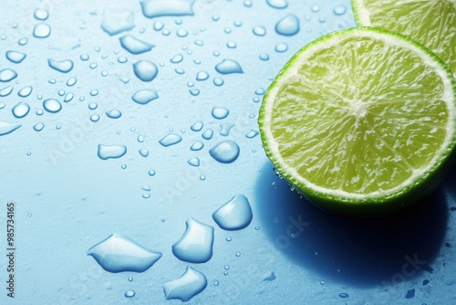 Fresh lime slice with water droplets on blue background