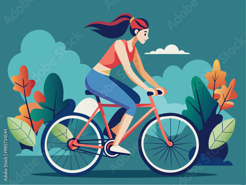 Woman riding bicycle. Girl and sport bike. Active bicyclist character in park. Young person lifestyle