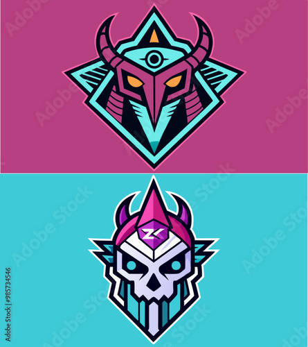 Gaming label. Head badge sticker. Cartoon cyber sport mask sign. Esport mascot game symbol