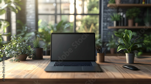 Laptop on Wooden Desk with Plants - 3D Illustration