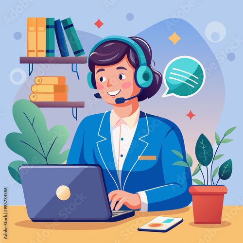 Customer service. Man in chat on laptop. Flat call office. Business assistant support. Internet communication. Marketing technology