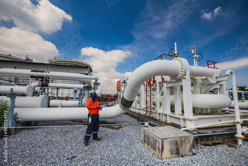 Male worker inspection at steel long pipes and pipe elbow in station oil factory during refinery valve of visual check record pipeline tank oil and gas photo