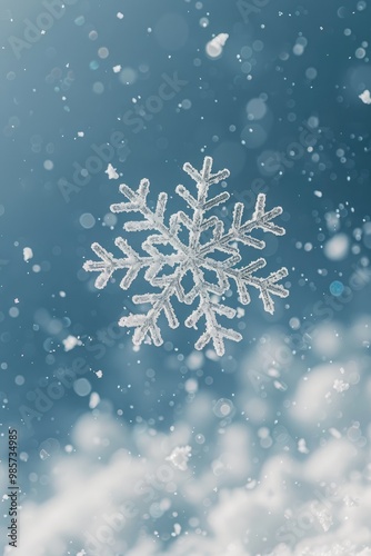 A Single Snowflake Falling Through the Air Against a Blue Sky and Snow