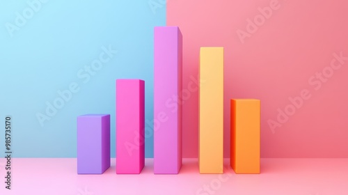A colorful bar chart with five bars of different heights, rendered in a 3D style, against a pastel pink and blue background.